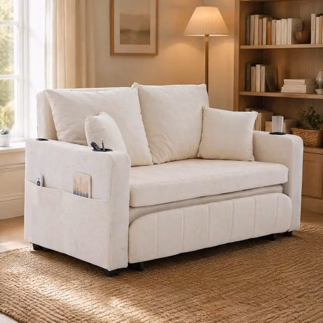 Divano letto convertibile 139x73x83 cm beige con USB, portabicchieri e tasche