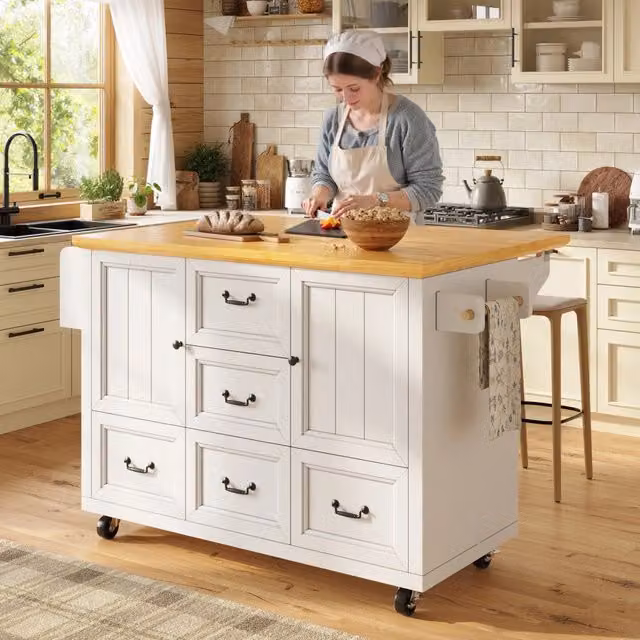 Carrello da cucina con piano pieghevole 2 ante 5 cassetti ripiani regolabili e ruote bloccabili in MDF e metallo bianco