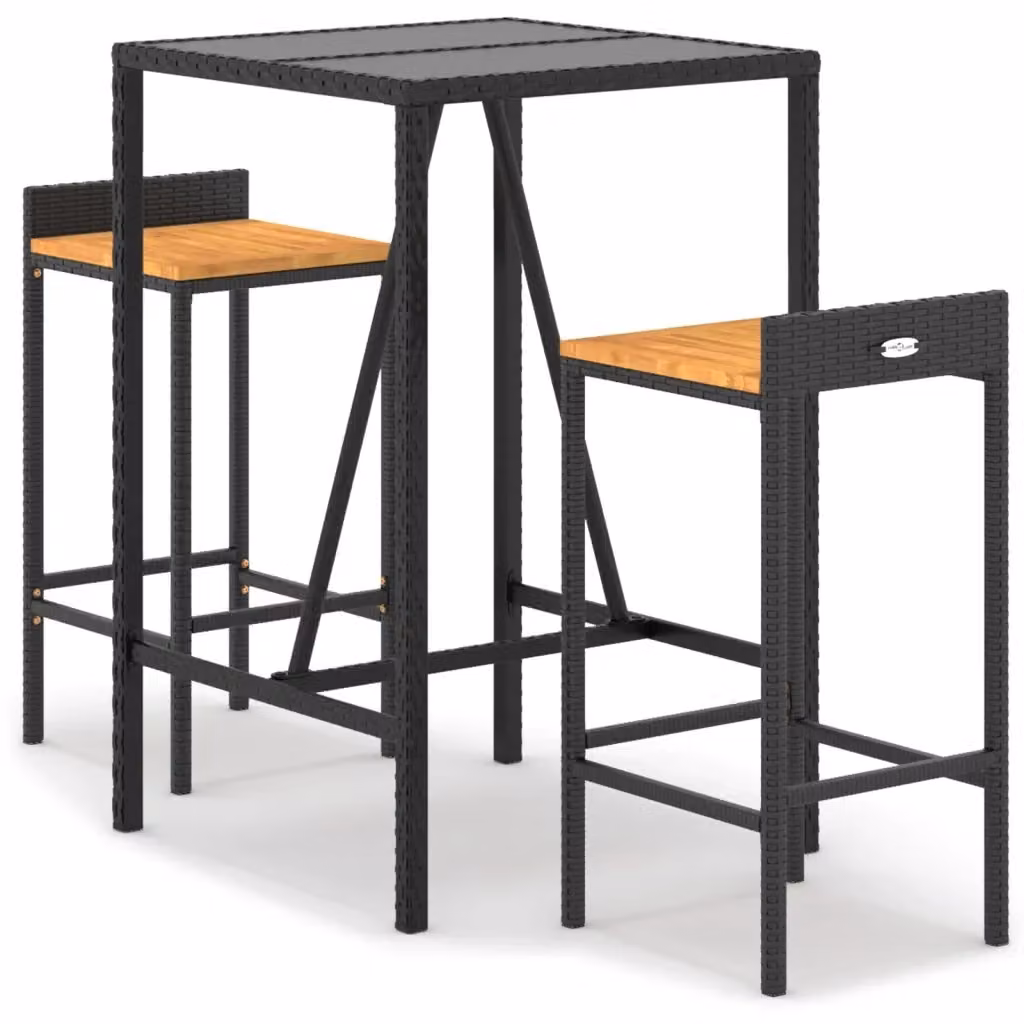 Set Bar da Giardino vidaXL in 3 Pezzi Nero in Polyrattan e Legno di Acacia con Piano in Vetro – 2