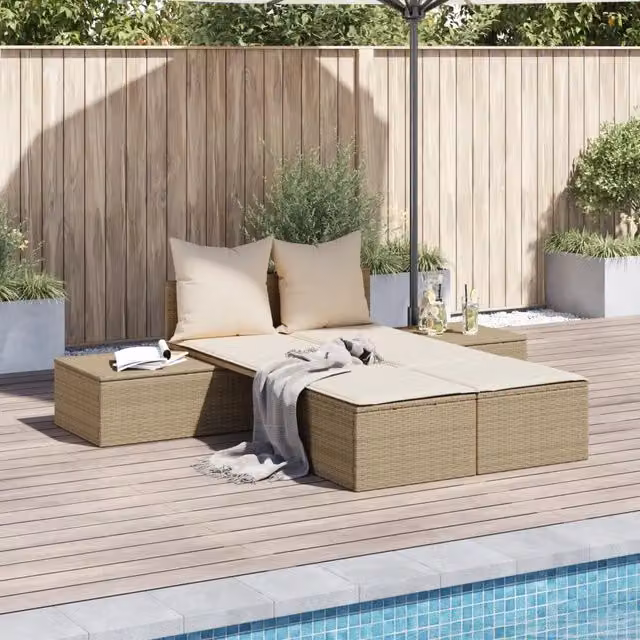 Lettino Prendisole con Cuscini Beige in Polyrattan 368393