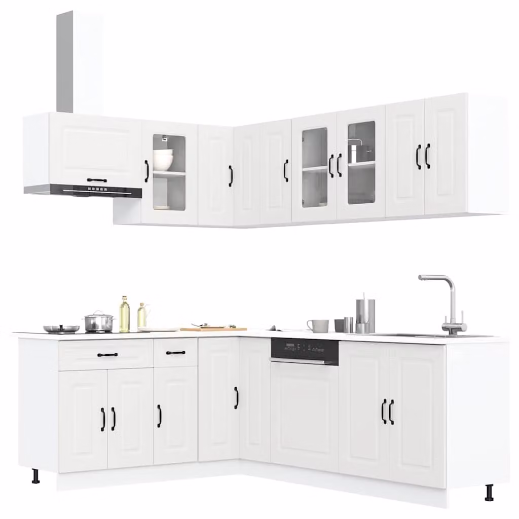Set di mobili da cucina Kalmar vidaXL 11 pezzi in legno multistrato bianco con ante in vetro e design moderno
