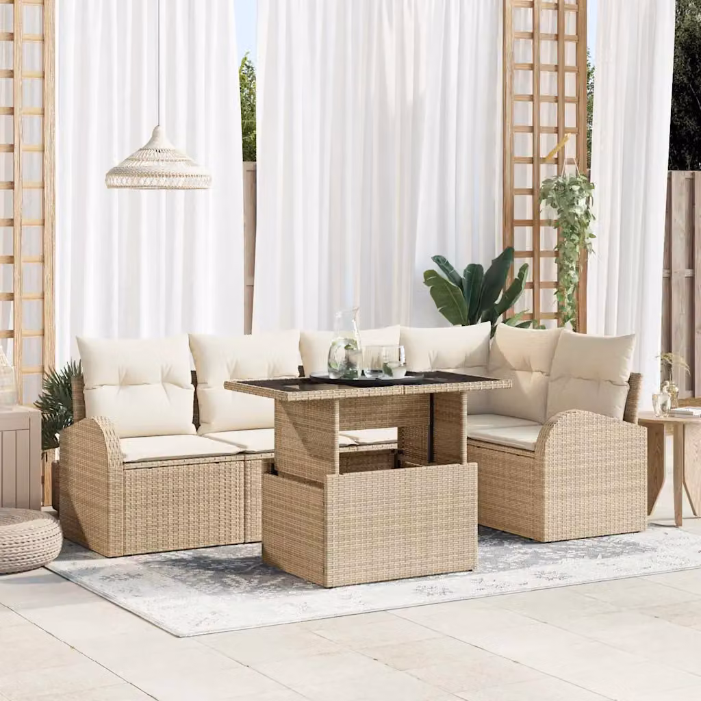 Set Divano da Giardino vidaXL 6 Pezzi in Polyrattan Marrone e Beige con Cuscini e Tavolino