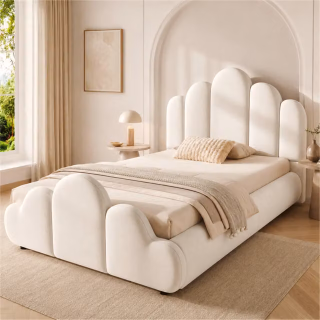Letto per bambini OKWISH in velluto beige con testiera imbottita, L 90 x P 200 cm, H 106 cm