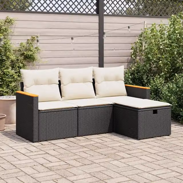 Set Divani da Giardino 4 pz con Cuscini Nero in Polyrattan 3325892