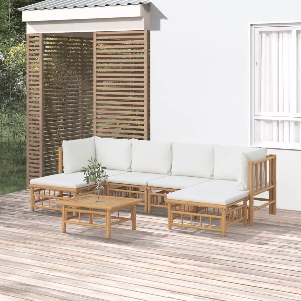 Set Salotto da Giardino vidaXL in Bambu 7 Pezzi con Cuscini Bianco Beige e Marrone