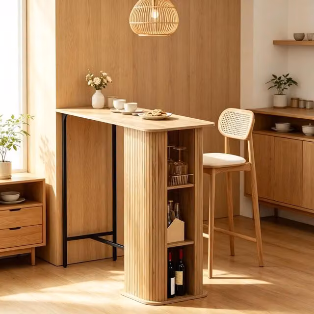 Tavolo alto con 3 ripiani aperti e piedi in metallo regolabili naturale e nero 112 × 50 × 106 cm