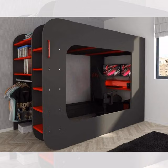 Letto a soppalco 5000 EFFEZ con postazione gamer, colore antracite e rosso, L/P: 120 x 200 cm