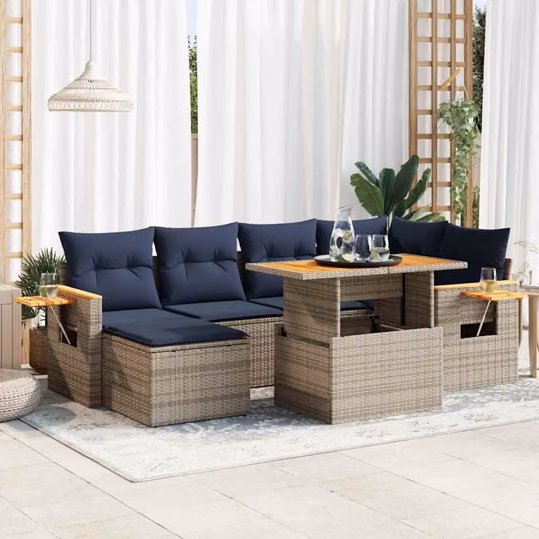 Maison Exclusive - Set Divani da Giardino con Cuscini 7pz Nero Polyrattan Acacia