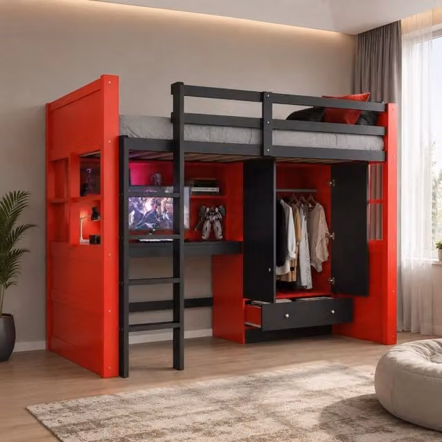 Letto a soppalco 90x200 cm in stile e-sport; con LED; prese; scrivania e armadio; nero e rosso