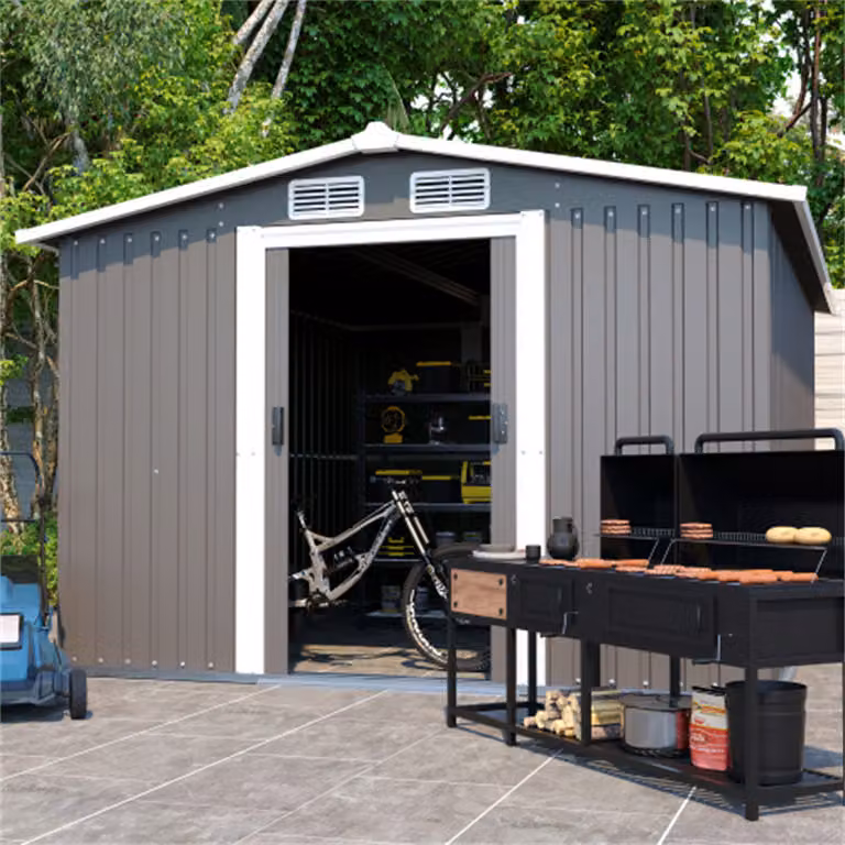 Capanno per attrezzi AIORBER con tetto a shed e porta con serratura, design a prova di pioggia e neve, ripostiglio, per giardino, terrazza, 246x301x178 cm, grigio