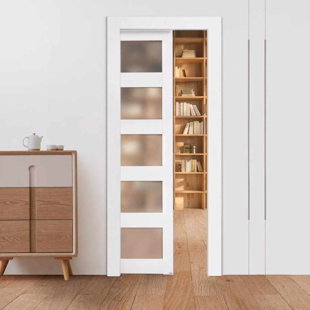 Porta scorrevole 765 x 2035 mm, bianca - Realizzata in legno massello e MDF - Vetro satinato - Per interni - Salvaspazio
