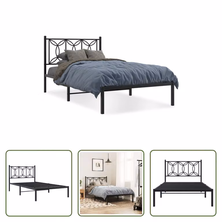 The Living Store Struttura letto con testiera in metallo nero 100x200 cm