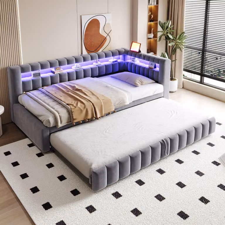 Letto imbottito MODFU, modello daybed, 90 x 200/190 cm, in velluto. Divano letto con meccanismo estraibile, daybed con illuminazione LED e porta USB/Type-C, colore grigio scuro (include un materasso 90x200 cm)
