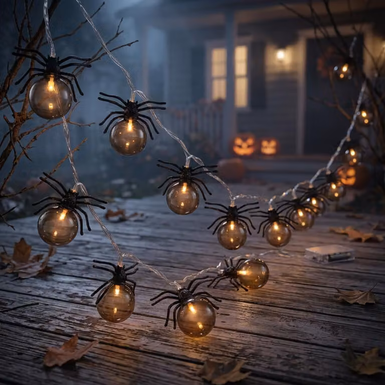 Catena luminosa a forma di ragno per Halloween, lunghezza 3 metri, 20 LED, luce bianco caldo