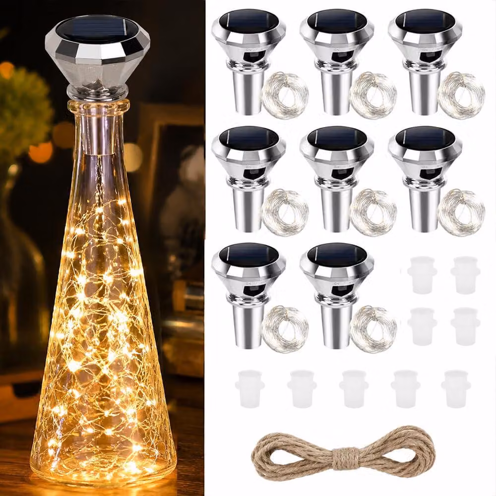 Luci solari a forma di bottiglia, confezione da 8 pezzi, lunghezza 2 metri, 20 LED, luce bianco caldo