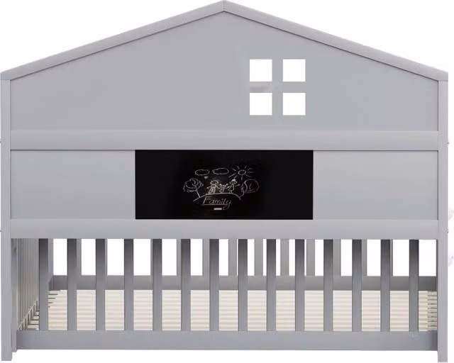 Letto a casetta per bambini in legno massiccio con ripiani laterali e sponde di protezione, grigio, L/P/H: 200 x 140 x 115 cm