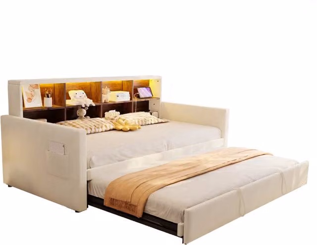 Letto Singolo Estraibile Chicfurn Beige con LED, USB-C e Ripiani Laterali, Dimensioni: 90 x 190 cm, Estensibile a 180 x 190 cm