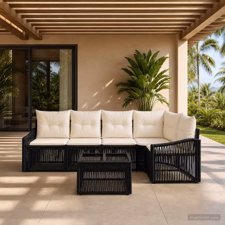Set Divano da Giardino vidaXL 6 pz a Forma a L con Tavolino Nero in Polyrattan e Acciaio