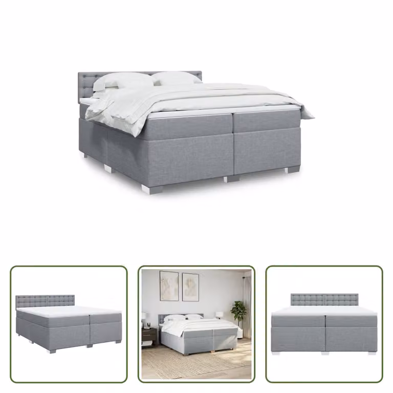 The Living Store Letto a molle con materasso grigio chiaro 200x200 cm in tessuto