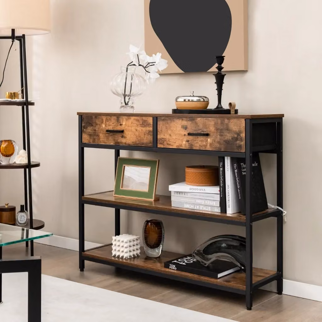 Tavolo consolle rettangolare in stile industrial con 2 cassetti e ripiani in tessuto pieghevoli, Marrone, L: 100 cm, H: 80 cm, P: 30 cm