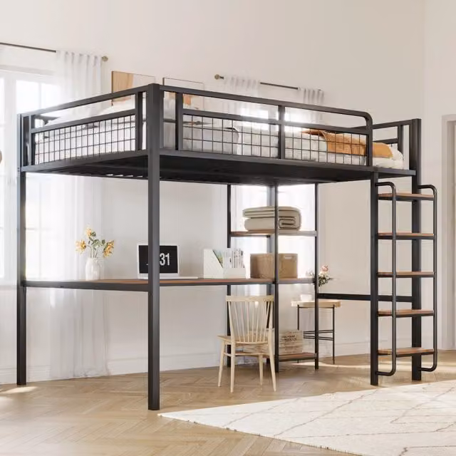 Letto a soppalco 140 × 200 cm con scrivania, mensole e scala di sicurezza, senza materasso, in metallo nero