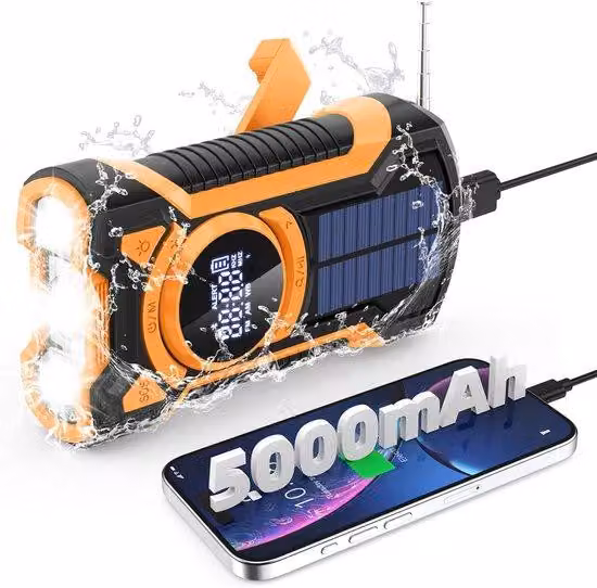 Radio di emergenza portatile - con manovella solare da 5000mAh, grado di protezione IP65 (resistente all'acqua e alla polvere), Bluetooth 5.3, ricezione AM/FM/NOAA per avvisi meteorologici, torcia LED, caricabatterie per smartphone, allarme SOS, ingresso