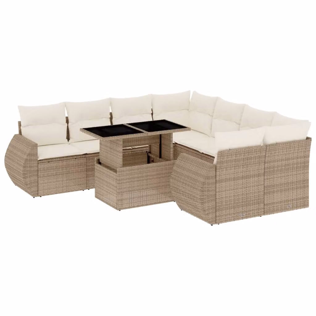Set Divano da Giardino 9 pz con Cuscini Beige in Polyrattan