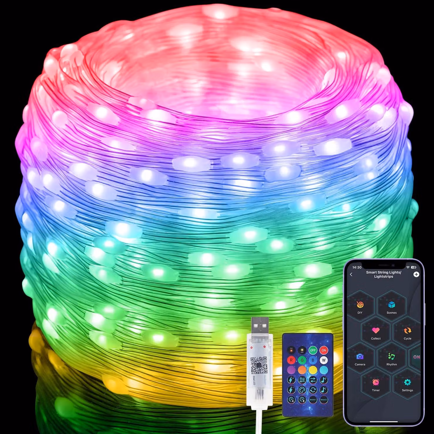 Catena luminosa da 20 metri, con 200 LED, tecnologia RGBIC, sincronizzazione con la musica, grado di protezione IP65, adatta per interni ed esterni