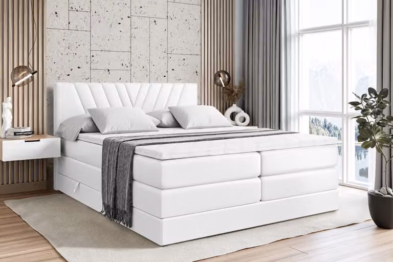 Letto boxspring ALTDECOR con 2 materassi e topper - 180x200 cm - ERNINA KING - Pelle finta bianca - Letto imbottito con materassi H3 e H4, contenitore e rete a doghe, letto con spazio contenitivo