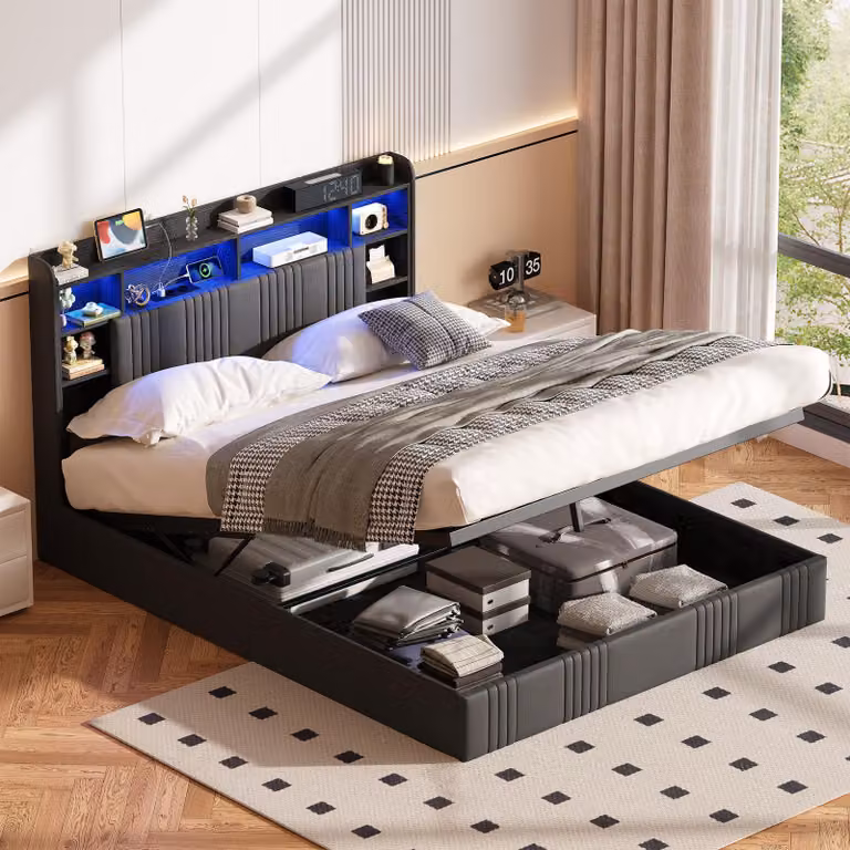 Letto contenitore ProximaX, dimensioni 160x200 cm, tessuto in lino grigio scuro, con sistema di sollevamento idraulico, luci LED RGB e porta USB-C