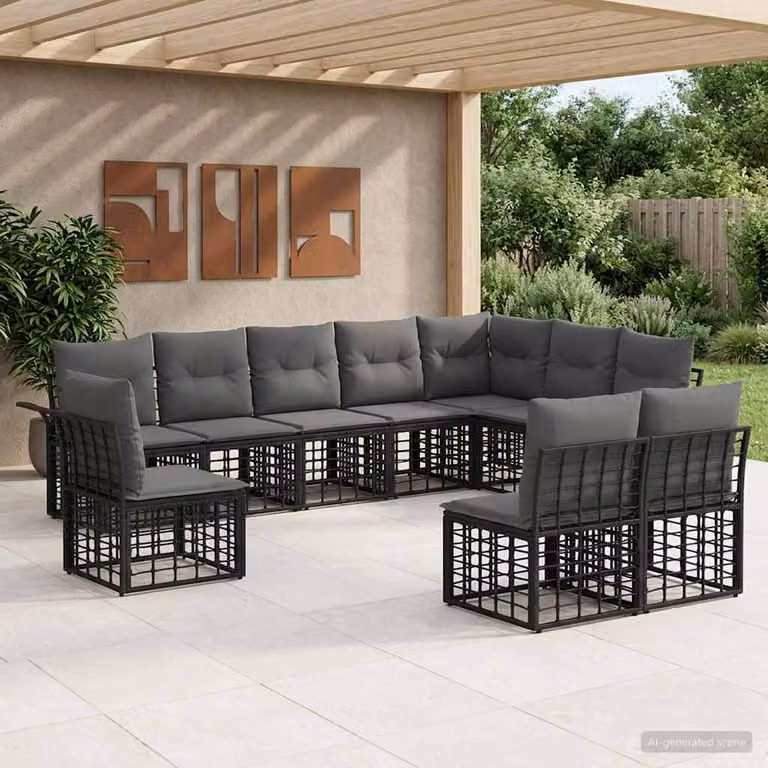 Set di divani da esterno vidaXL a forma di U composto da 10 pezzi in nero e grigio con struttura in metallo e cuscini imbottiti in schiuma con rivestimenti rimovibili per giardino e terrazza
