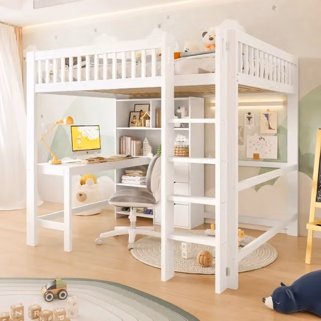 Letto a castello 140x200 cm - Zephmum - Bianco, scrivania, 3 cassetti, scaffali