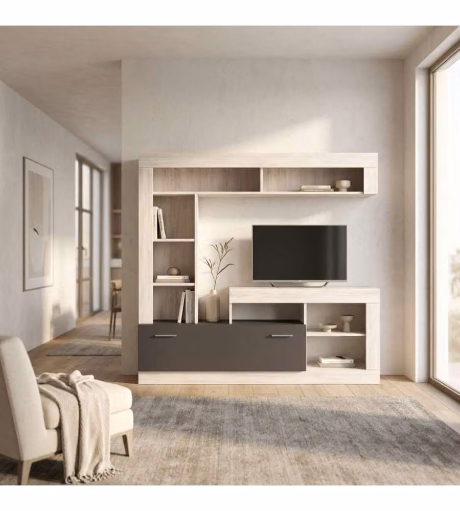 Mobile basso per soggiorno Cosma in legno di pino bianco e grigio L: 170 cm, P: 42 cm, H: 170 cm – 1