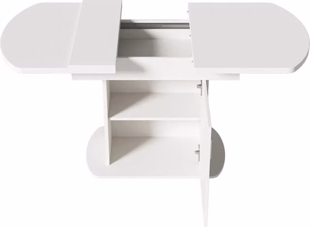 Tavolo da pranzo allungabile ovale L110/130 x P70 x H75 cm con spazio contenitivo, piano in truciolato, maniglia argento, bianco