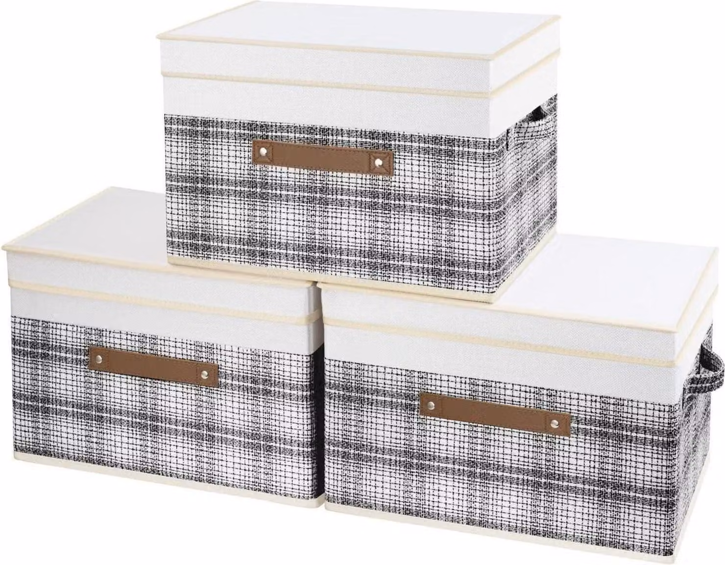 Scatola pieghevole con coperchio, tessuto, design patchwork, scatola portaoggetti, 3 pezzi, grigio 38x25x25 cm