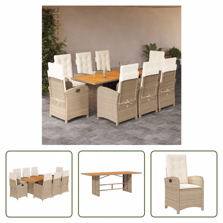 The Living Store Set da pranzo da giardino 9 pezzi con cuscini Beige poly rattan