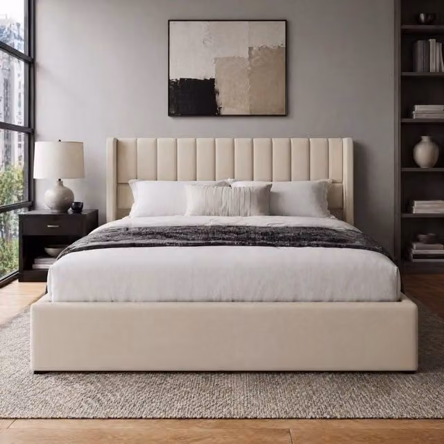 Letto contenitore Mivray con sollevamento idraulico e testiera imbottita in lino beige L/P: 140 x 200 cm
