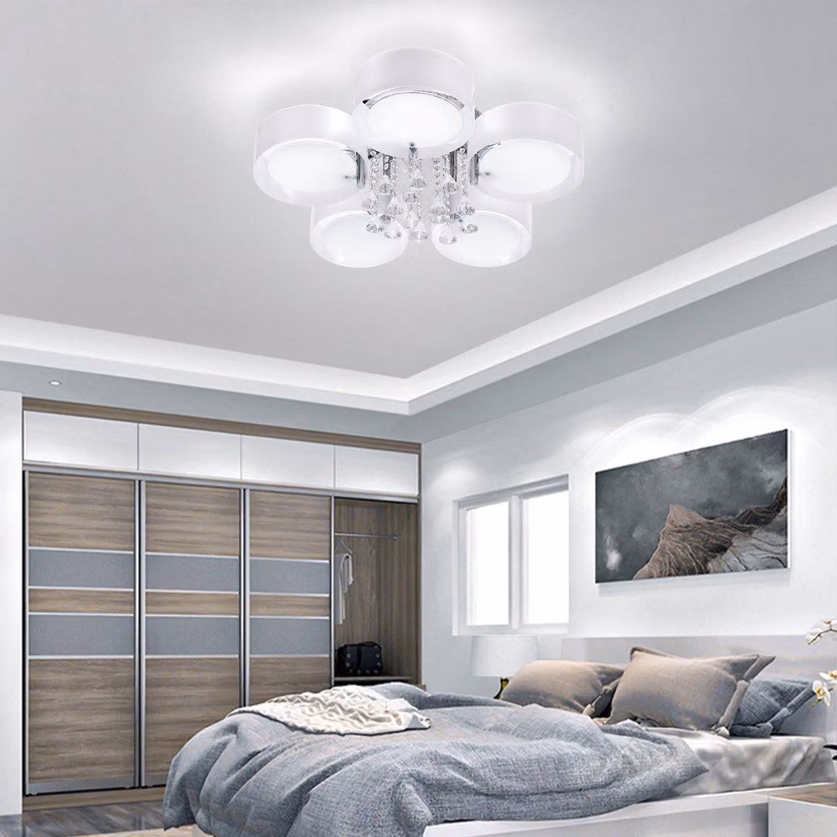 Lampada a soffitto moderna, 5 sorgenti luminose, acciaio inossidabile, dimmerabile, con telecomando