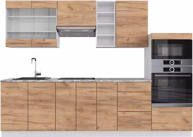 Cucina componibile moderna Fame-Line Vicco in rovere e bianco con piano in marmo, Larghezza: 280 cm
