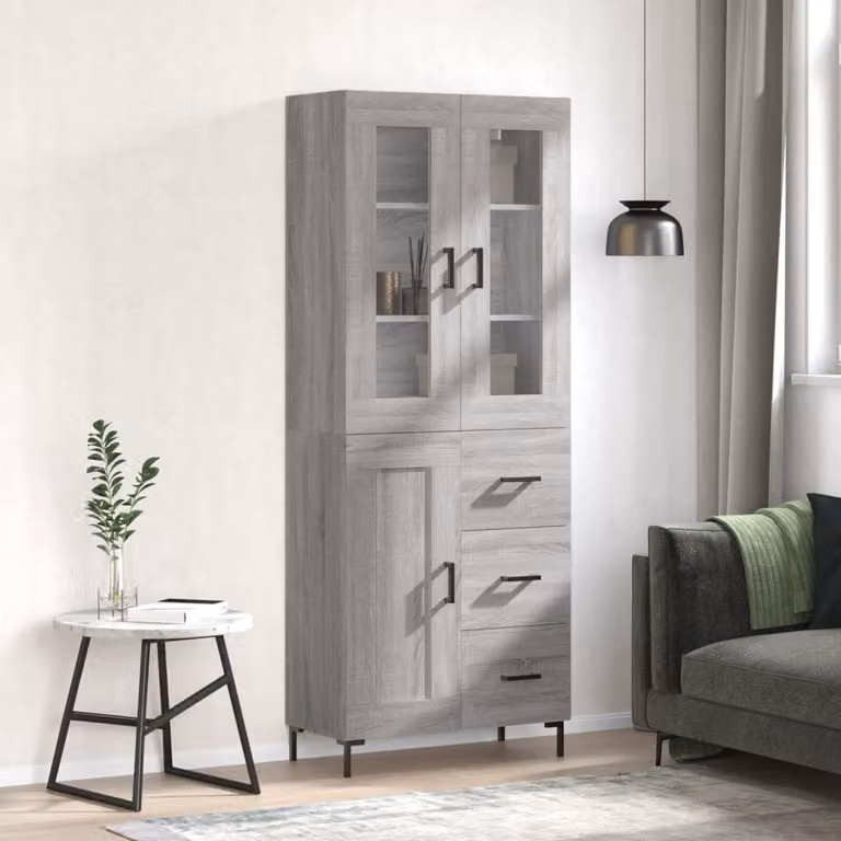 Credenza moderna vidaXL in legno multistrato e metallo, Grigio Sonoma, L: 69,5 cm, P: 34 cm, H: 180 cm