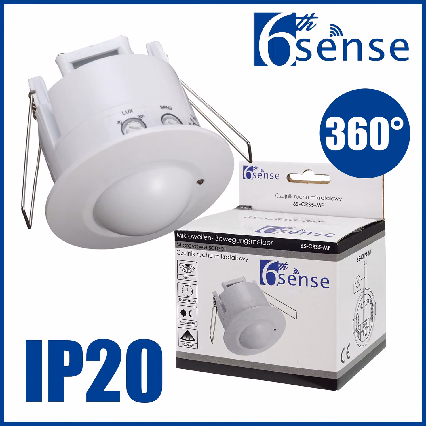 Sensore di movimento a microonde, da incasso, 1200W, LED, bianco, angolo di rilevamento 360°, portata 15 metri