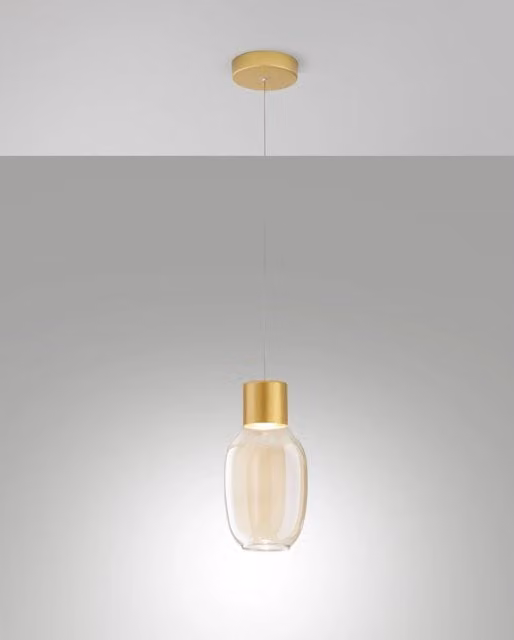 Lampada a Sospensione LED Lapo Fabas con Struttura in Metallo e Vetro Borosilicato, Dimmerabile, Colore Cognac e Trasparente, 12W 1300lm 3000K