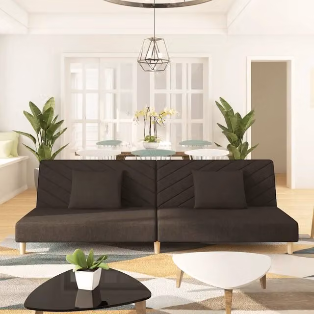 Divano Letto Click-Clack vidaXL in Tessuto Marrone con 2 Cuscini e Struttura in Legno Solido, Dimensioni Letto: 100 x 200 cm