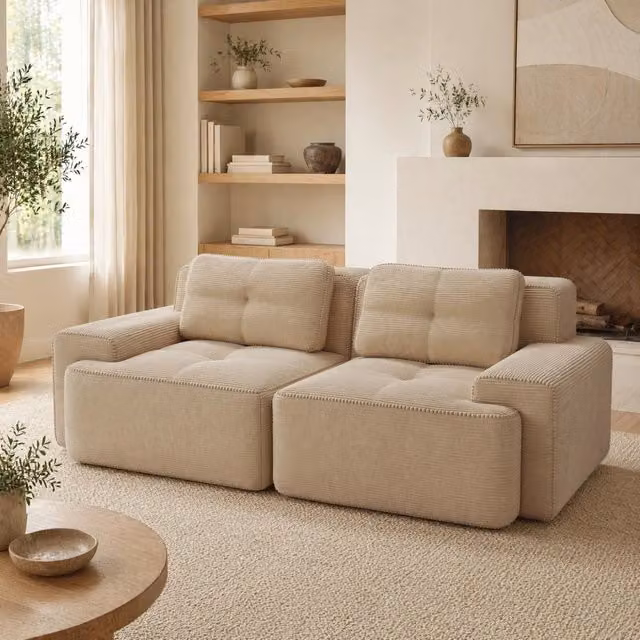 Divano modulare basso in velluto a coste beige con seduta profonda 74 cm HOMVRA