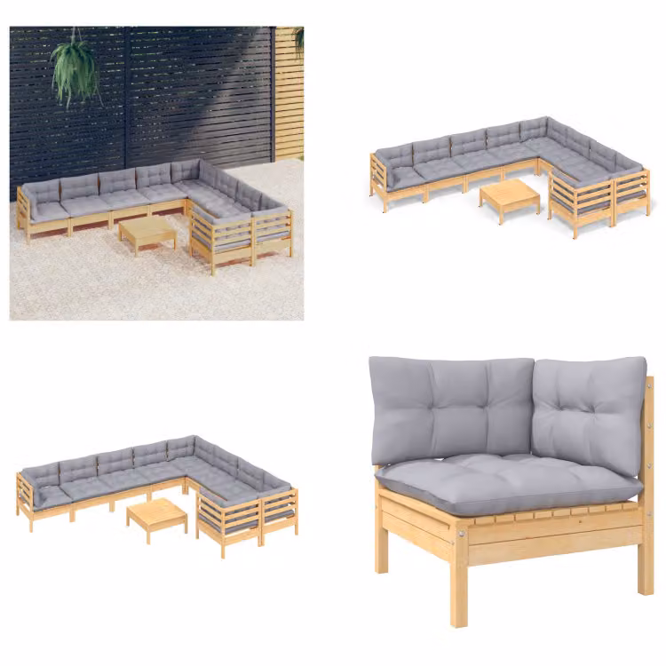 vidaXL Set salotto da giardino 10 pezzi con cuscini grigi in legno di pino - Set salotto da giardino - Set salotto da giardino - Set mobili da giardino - Set mobili da giardino