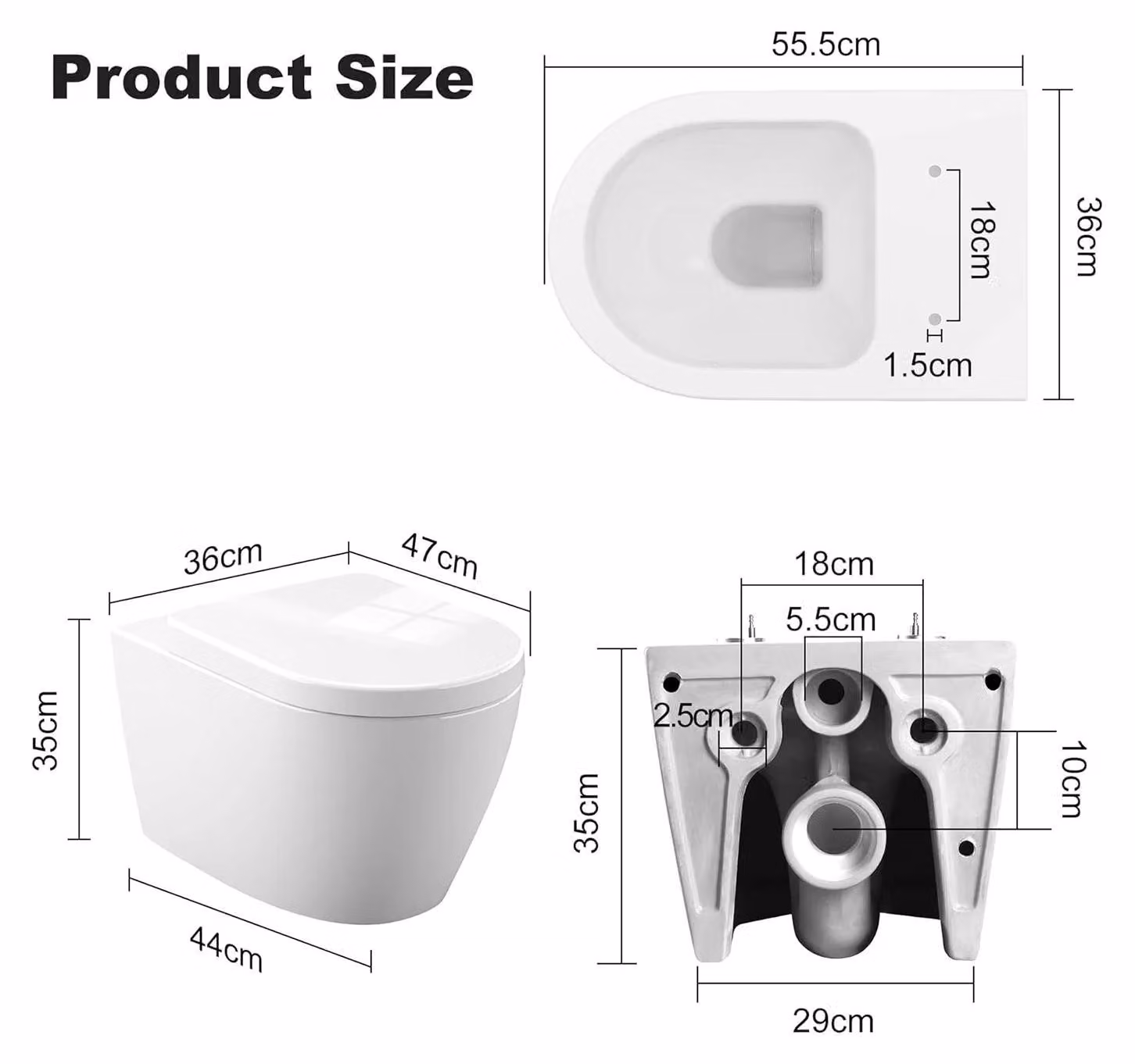 WC sospeso - Vetroceramica a forma di D - Senza bordo, doppio scarico 3–6 l, Siphonjet, attacco a P, sedile con chiusura ammortizzata - Coperchio standard, grande