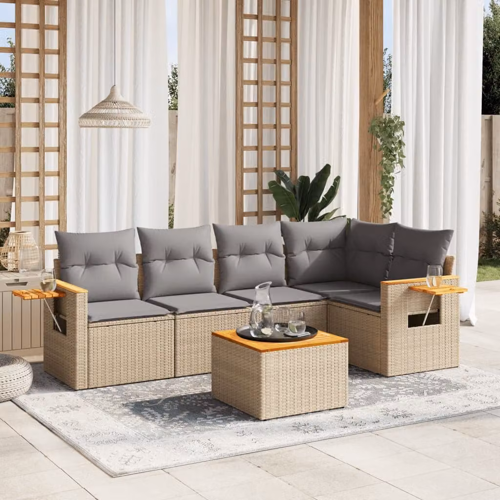 vidaXL Set Divano da Giardino 6 pz a L con Cuscini Beige in Polyrattan e Tavolino da Esterno – 1