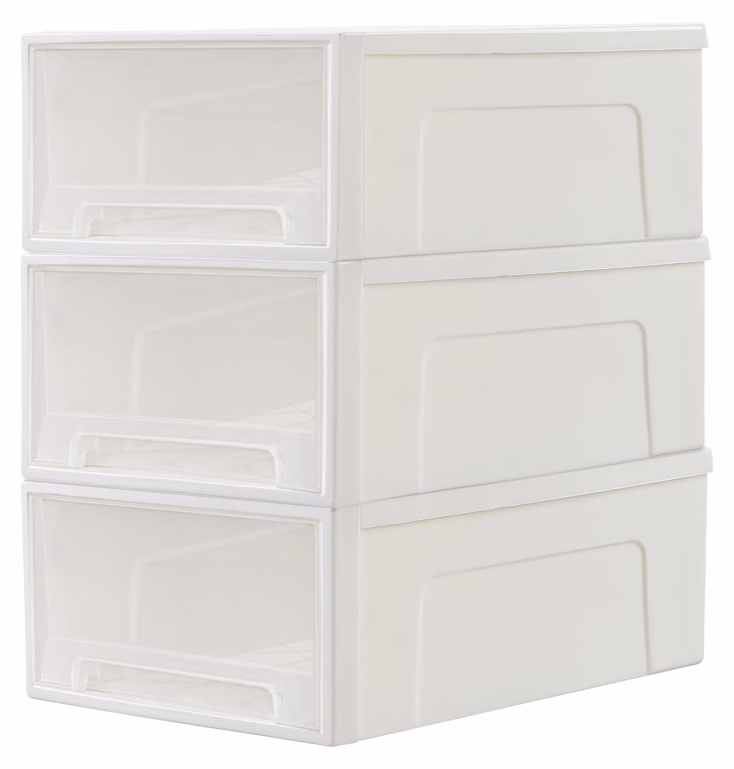 Contenitore in plastica con 3 cassetti, capacità 30L ciascuno, impilabile. Ideale per armadi, camere da letto, dormitori, uffici. Facile da trasportare. Set da 3 pezzi, bianco e trasparente