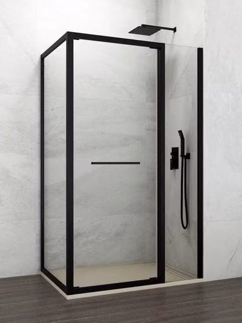 Box doccia angolare SPAZIO con vetro scorrevole e profili nero opaco L/P: 110 x 80 cm