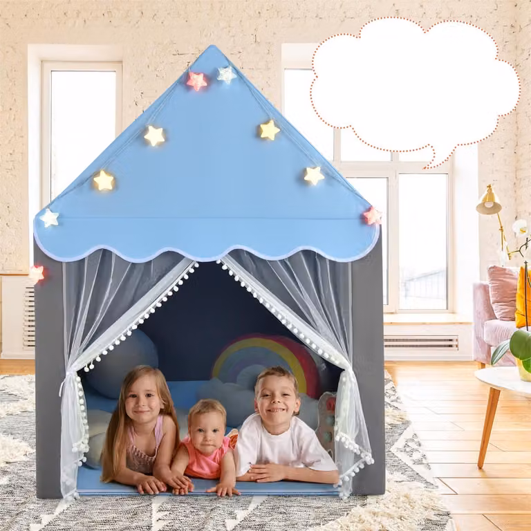 Tenda da gioco per bambini Costway modello castello fatato con luci a forma di stella e tappetino lavabile, Blu